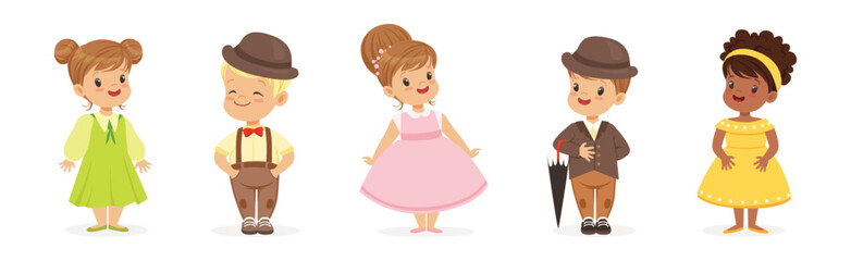Little Boy and Girl Wear Elegant Fashion Dress and Apparel Vector Set
