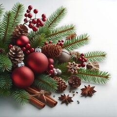 Christmas composition with pine branches, red baubles, pinecones, cinnamon sticks, and star anise on white background. Flat lay with copy space for holiday greeting card or poster