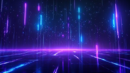 Obraz premium A vibrant digital landscape showcasing neon lights and reflections in blue and purple hues, perfect for tech and futuristic themes. Stage for product presentation.