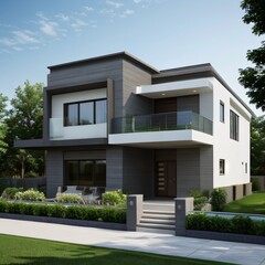 Modern luxury house with a well-manicured lawn..