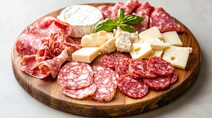 Platter featuring salami, prosciutto, and fresh cheese as traditional appetizers.