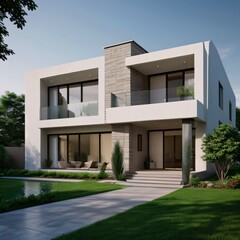 Modern luxury house with a well-manicured lawn..