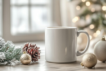 Artistic coffee cup mockup with festive decor by a cozy window in winter sunlight