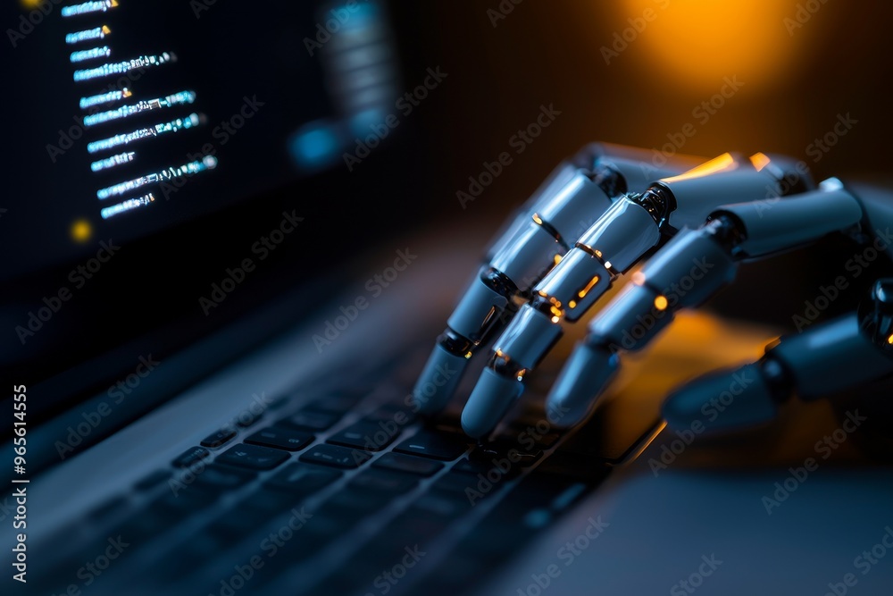 Poster using his laptop computer, the businessman analyzes data or generates virtual images, as well as ope