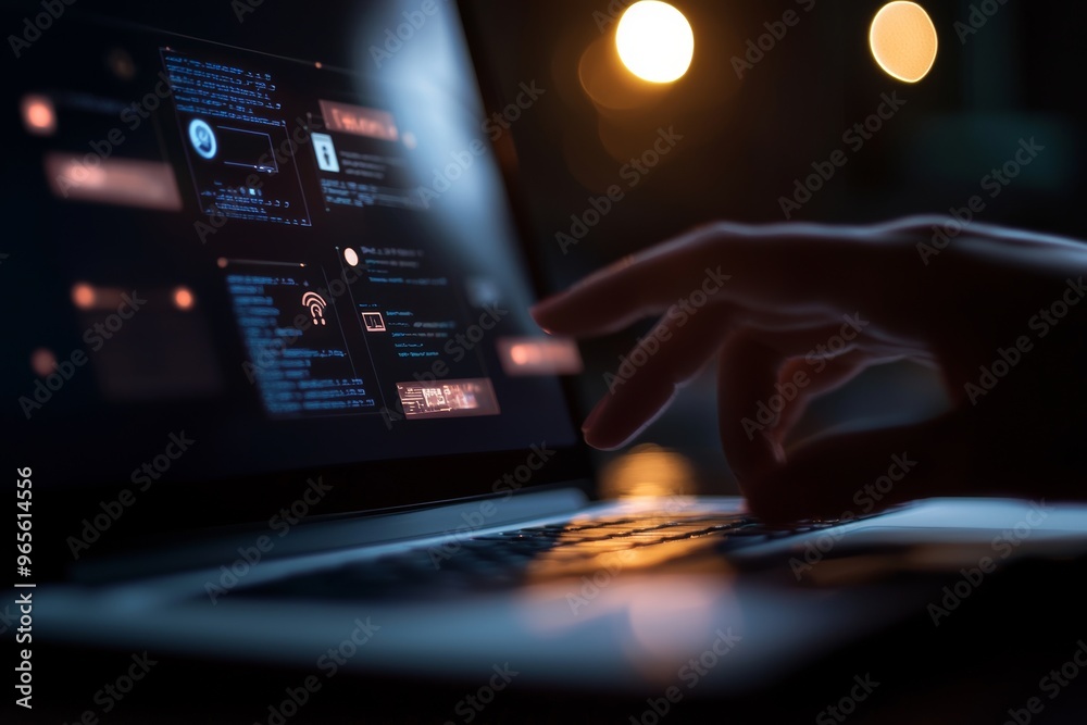 Poster through his laptop computer, a businessman uses stock to analyze data or create virtual images and o