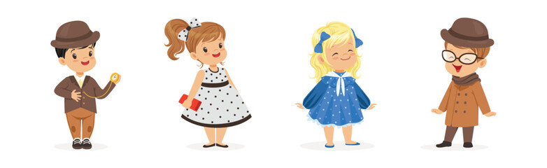 Little Boy and Girl Wear Elegant Fashion Dress and Apparel Vector Set