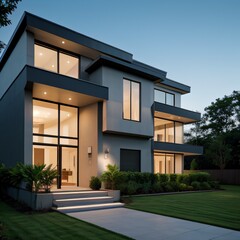Modern luxury house with a well-manicured lawn..