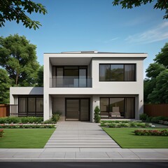 Fototapeta premium Modern luxury house with a well-manicured lawn..