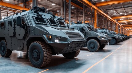 Row of military armored vehicles lined up in a factory setting with industrial lighting and polished floors.