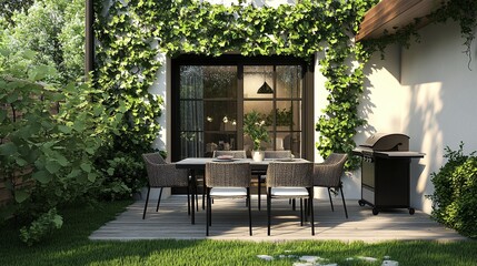 Terrace of modern home. Luxury outdoor table with chairs and built-in barbecue. Interior design. 3D rendering, 3D illustration.