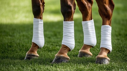 Vertical Close up of Horses Legs Wrapped in White Polo Wraps and Bell Boots for Leg Protection During Training Showing Knees