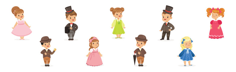 Little Boy and Girl Wear Elegant Fashion Dress and Apparel Vector Set
