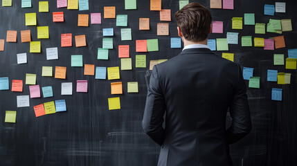 Business professional analyzing colorful sticky notes on a blackboard in a creative workspace