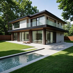 Modern luxury house with a well-manicured lawn..