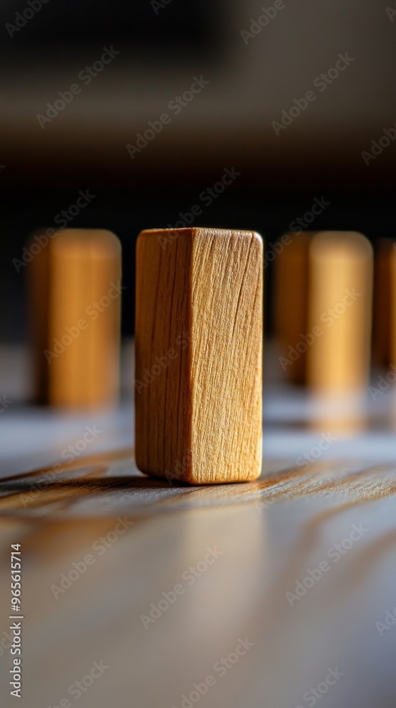 Poster Close-up of wooden block with blurred background, abstract composition. Minimalist design and texture concept