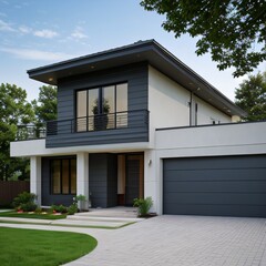 Modern luxury house with a well-manicured lawn..