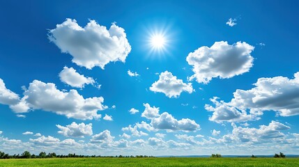 Fototapeta premium Clear blue sky with a few white clouds, serene weather, bright sunlight