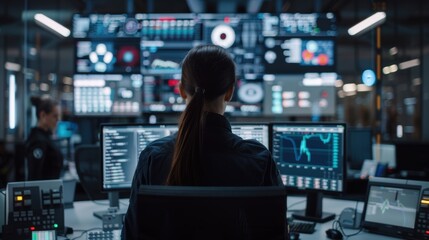 A young woman sits at a computer screen inside a spacious high-tech command center.
