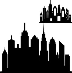 Modern urban European city skyline vector illustration. Night town panorama with city buildings silhouette and icon.
