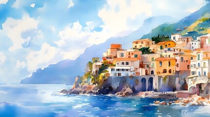 Naklejka premium Vibrant Watercolor Impression of Picturesque Amalfi Coast Cliffside Townscape