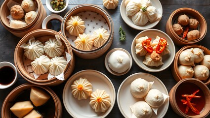Delicious traditional Chinese dim sum in a bamboo steamer with garnish