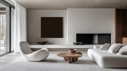 A modern and spacious living room with a minimalist design.	
