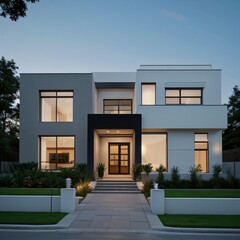 Modern luxury house with a well-manicured lawn..