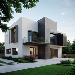 Fototapeta premium Modern luxury house with a well-manicured lawn..