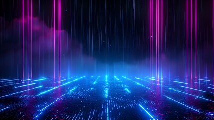 A vibrant neon landscape featuring glowing lines and a futuristic atmosphere, perfect for technology and digital themes. Stage for product presentation.