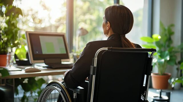 Rear view of a woman in wheelchair working on computer at home office. Disabled professional or student focused on laptop screen, surrounded by plants for inclusive remote work setup