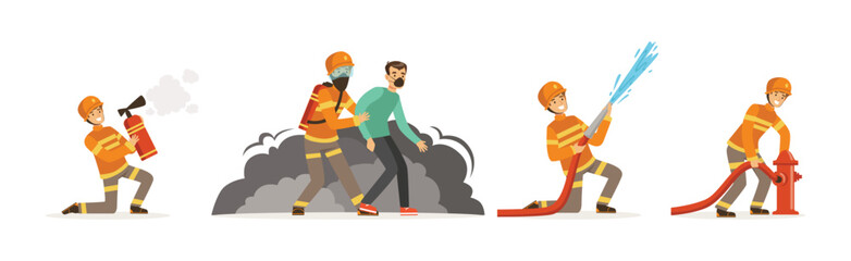 Man Firefighter Character Engaged in Rescue Operation Vector Set