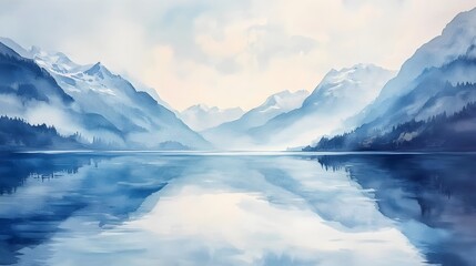 Serene Alpine Lake Surrounded by Snow-Capped Mountains with Soft Reflections