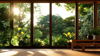 Fototapeta premium Sunlight streaming through large windows into a serene room filled with lush indoor plants, creating a calm and peaceful atmosphere.