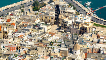 Aerial view of Ferrarese Square in the historic center of Bari, Puglia, Italy. It is one of the most important squares in the old city, called Old Bari. It is located near the sea.