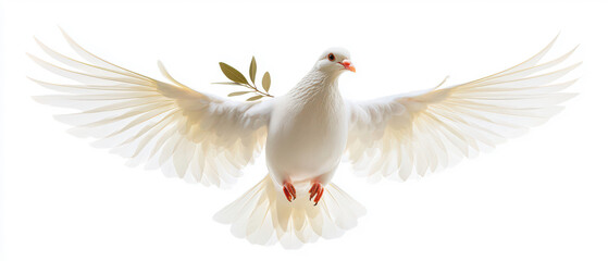 Obraz premium White dove in flight, symbolizing peace and freedom, with wings spread wide and an olive branch held gently, isolate on white background