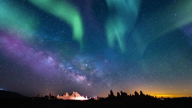 Aurora Green Purple and Milky Way Galaxy over Trona Pinnacles 14mm Tilt Up