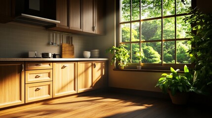 Sunlit kitchen with wooden cabinets, green plants by the window, and serene outdoor view. Perfect blend of nature and cozy home setting.