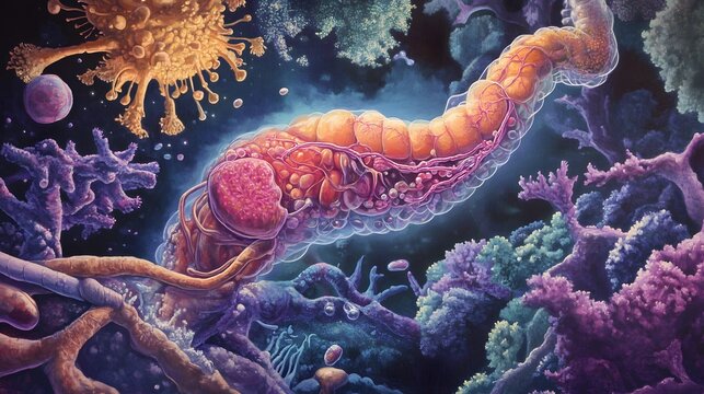 45. "Artistic depiction of the human pancreas with its endocrine and exocrine parts