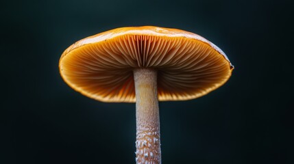 A close-up of a single mushroom with its gills visible, set against a dark background to highlight its detailed structure and natural beauty.