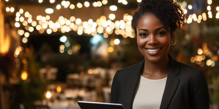 Eventmanagerin mit Tablet in  Eventlocation