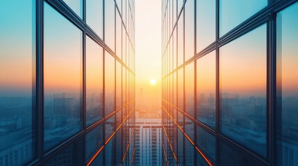 Bright and sunny cityscape, minimalistic glass buildings, soft light reflections