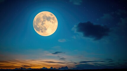 Bright moon shining through a partly cloudy night sky, clear weather, tranquil evening