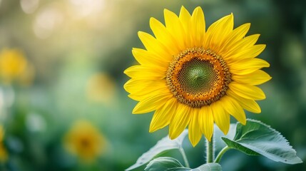 Fototapeta premium A close-up of a single sunflower with vibrant yellow petals against a blurred green background, capturing the details of the flower's center.