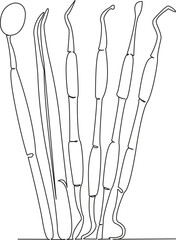 One continuous single drawing line art flat doodle tool, hygiene, dentistry, instrument, equipment, dentist, medicine, metal, clinic, dental. Isolated image hand draw contour on a white background
