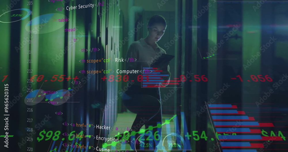 Poster image of circuit board and data processing over caucasian female it engineer by computer servers