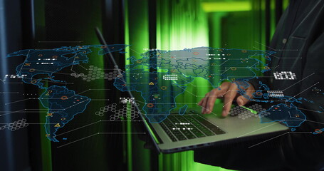 Image of world map and data processing over asian male it engineer by computer servers