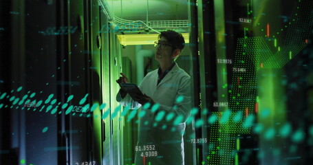 Image of data processing over asian male it engineer by computer servers