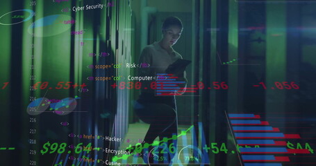 Image of circuit board and data processing over caucasian female it engineer by computer servers