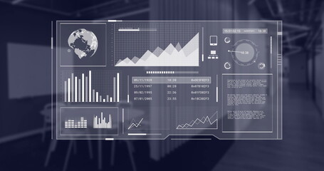 Image of globe and data processing over screen and office
