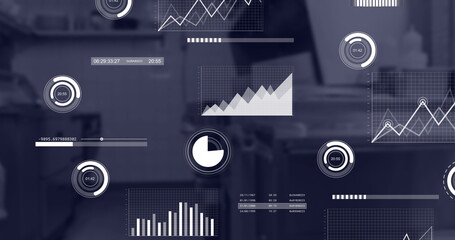 Image of financial data processing over empty office